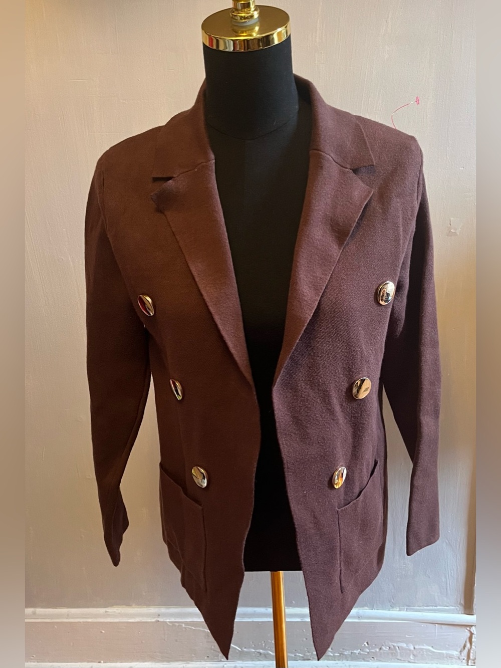 Sioni Double Breasted Knit Open Blazer Rich Chocolate Brown Size Small